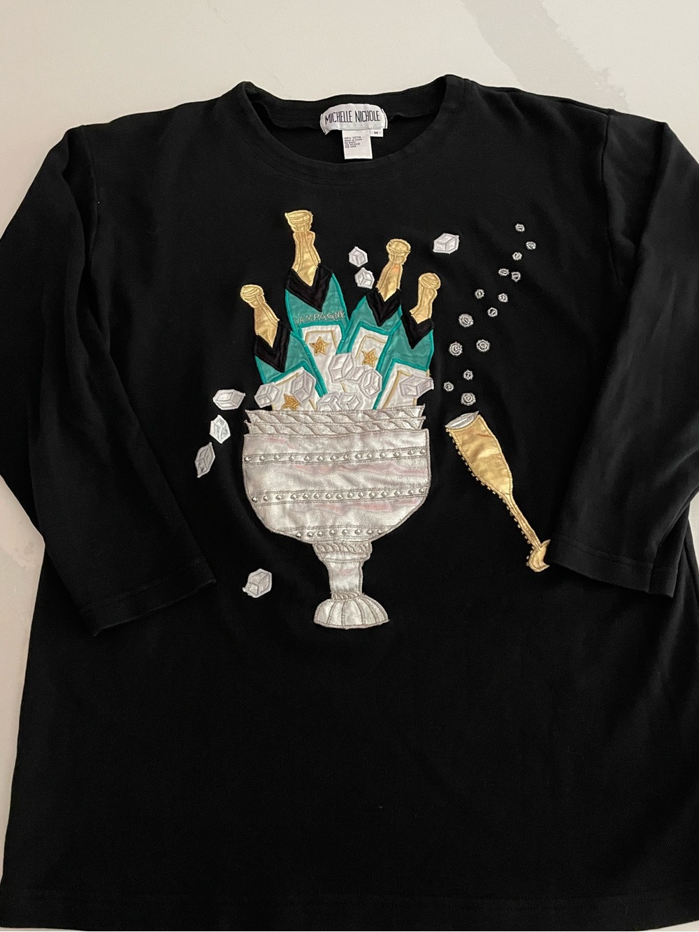 Michelle Nicole Black Metallic Champagne Bowl Embroidered Top
